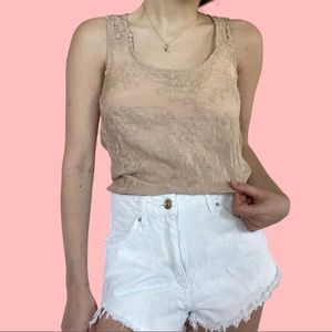 Monteau LA Tan Embroidered sheer Top small